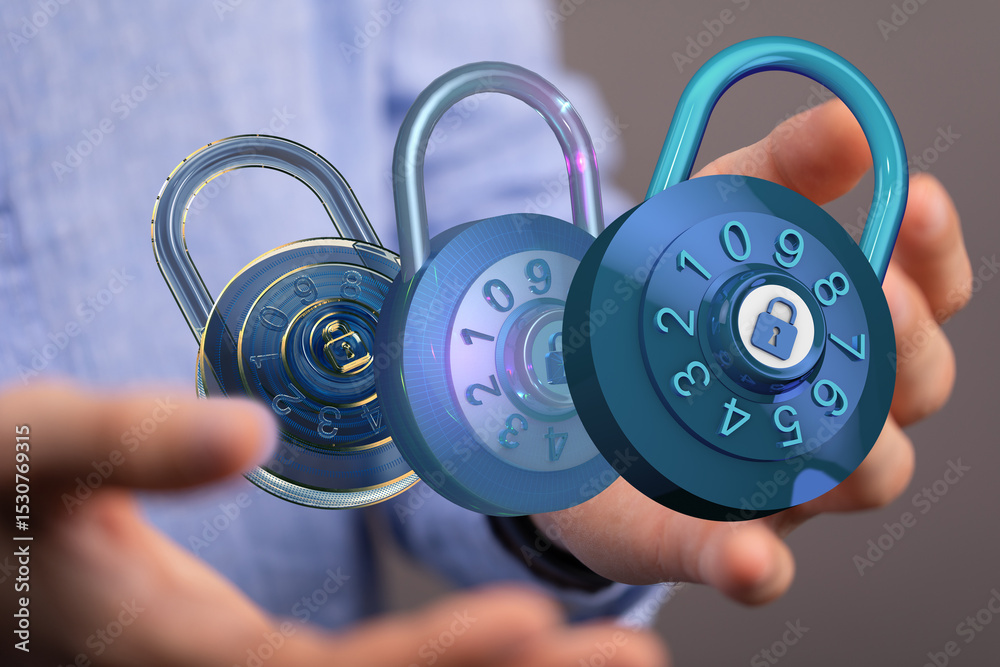 Poster high-quality image of three digital combination locks, ideal for cybersecurity concepts.