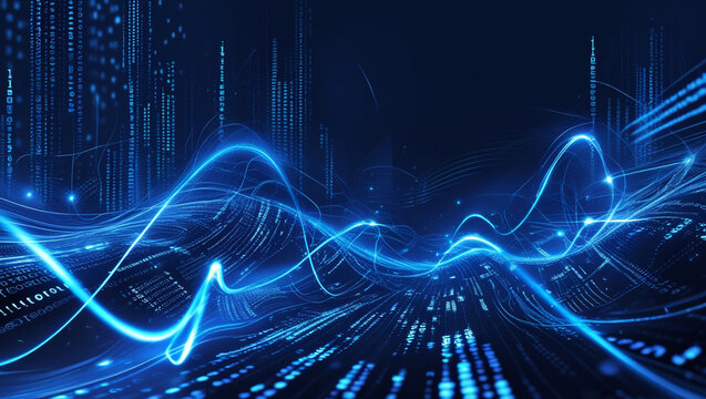 Abstract blue digital data stream with binary code and glowing lines