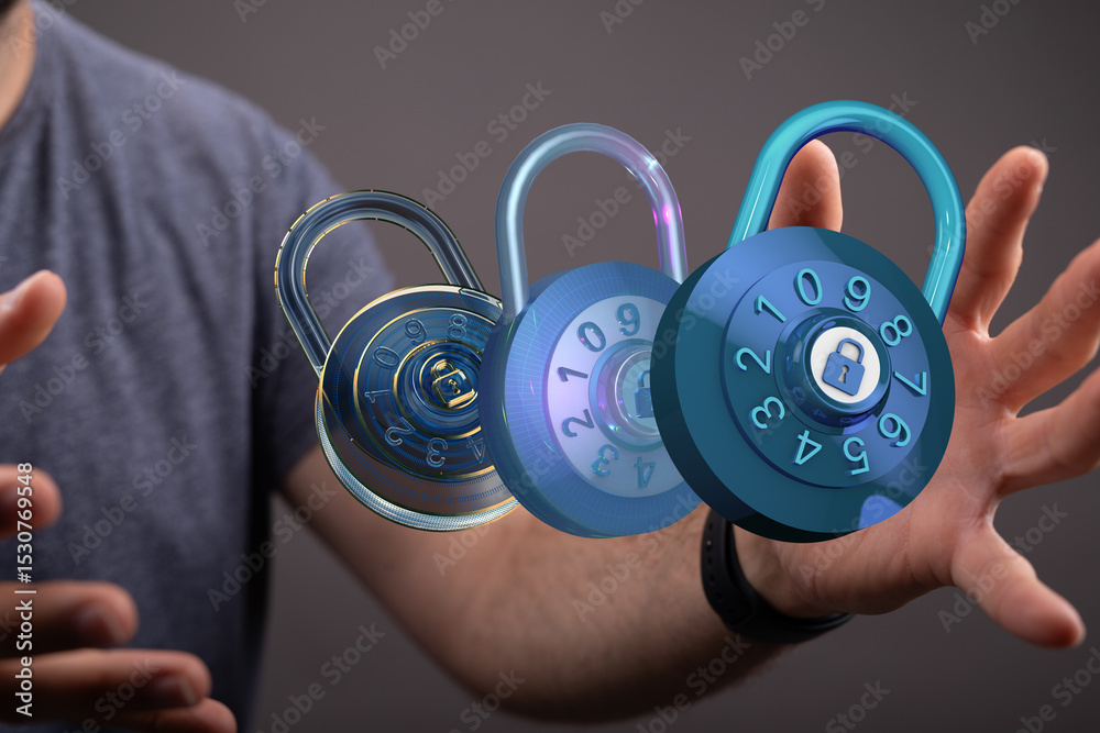 Poster high-tech digital security. strong passwords, data encryption, cybersecurity.
