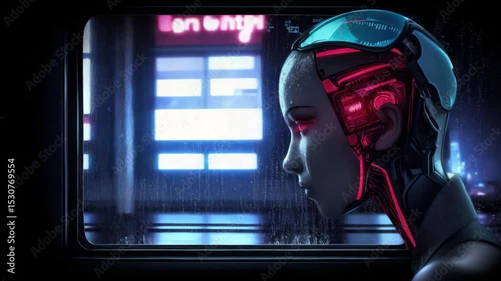 Poster close-up of the head of an ai robot looking out the window of a moving train at the lights of a futu