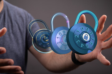 High-tech digital security.  Strong passwords, data encryption, cybersecurity.