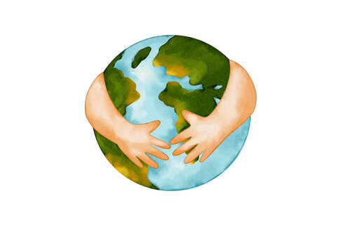 Hands of the globe. Hug the planet Earth. Earth day concept. Illustration isolated on white background. The pace of ecology and pollution of the planet. High quality photo