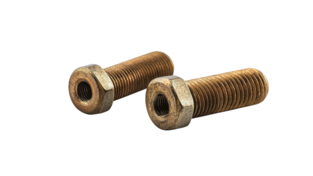 Two rusty bolts are showcased on a white surface, highlighting wear and age typical in mechanical settings