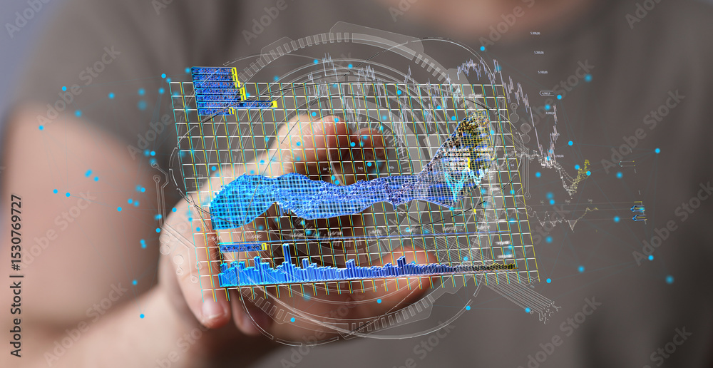 Poster Person interacting with a holographic digital display showing data charts and graphs.