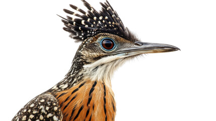 close up of striking roadrunner bird on white background