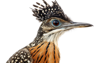 close up of striking roadrunner bird on white background