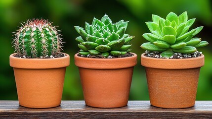 Fototapeta premium Three Succulents in Terracotta Pots on Wooden Surface