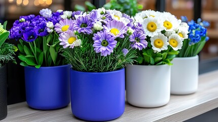 Naklejka premium Vibrant Purple and White Daisies in Blue and White Ceramic Pots