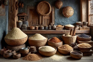 Grain-filled baskets in old style room high resolution picture