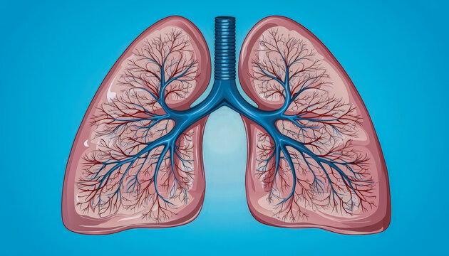 Illustration of human lungs with detailed bronchial tree on a blue background