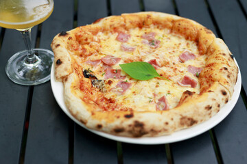 pizza on a wooden table
