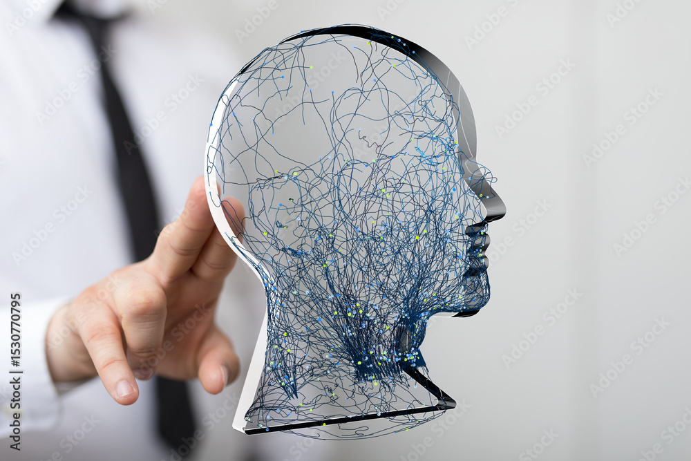 Poster Abstract image of a human head with network connections, representing AI, neural networks, and data processing.