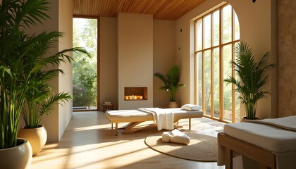 Fototapeta premium Serene Spa Room with Natural Light and Fireplace
