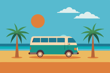Retro van on tropical beach summer vacation
