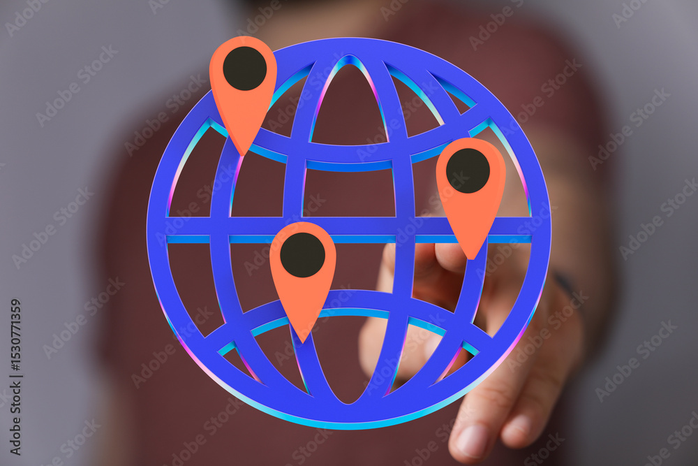 Poster illustrative image of a global network, showcasing worldwide connectivity and location points.