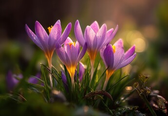 Fototapeta premium Purple Crocuses with Dew Drops in Warm Sunlight