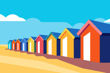 Colorful beach huts on sandy shore summer day