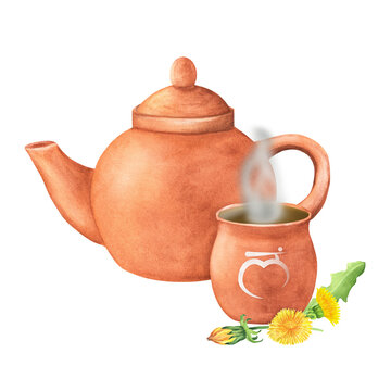 terracotta teapot and cup with steam clip art preview