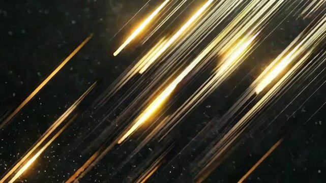 ast glowing golden lines flying across black background in light speed motion animation