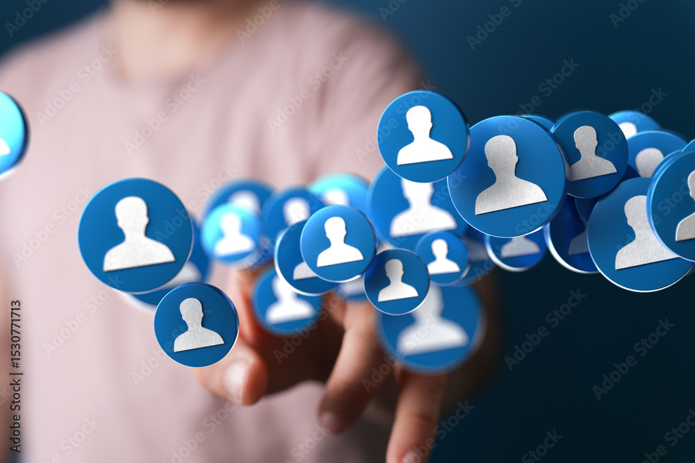 Poster a hand interacts with floating social media profile icons, symbolizing networking, community, and co
