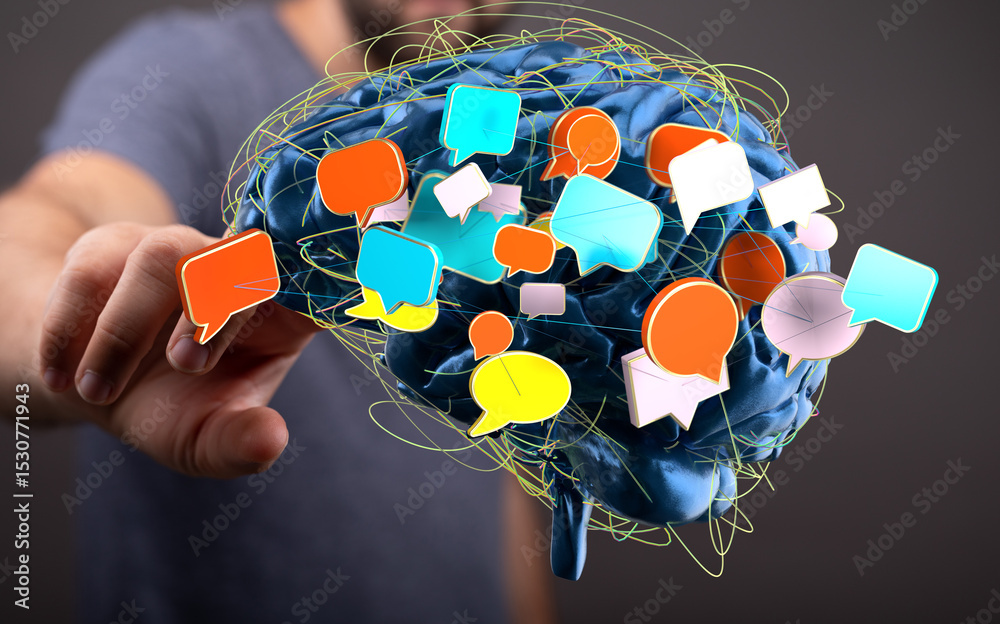 Poster abstract image of a brain with colorful speech bubbles, representing communication, ideas, and thoug