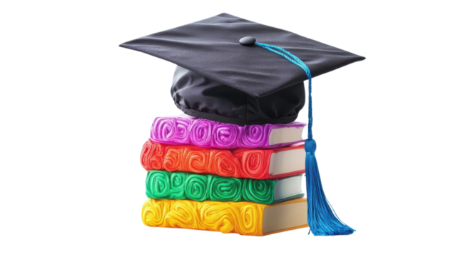 A graduation cap sits atop colorful books, symbolizing knowledge and success in a celebratory moment