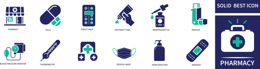 Pharmacy Icon Set pharmacy, medicine, pills, drugstore, capsule, 