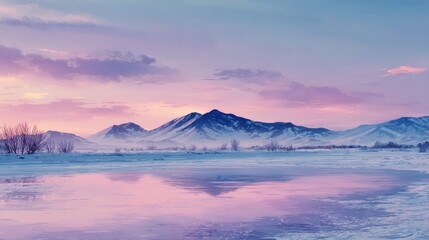 Serene Winter Landscape with Mountains and Reflective Water at Dusk