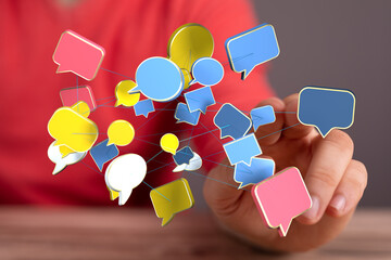 Network of speech bubbles, digital communication, social media, online interaction, global...