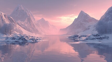 Serene Winter Landscape with Mountains and Pink Reflection at Sunset