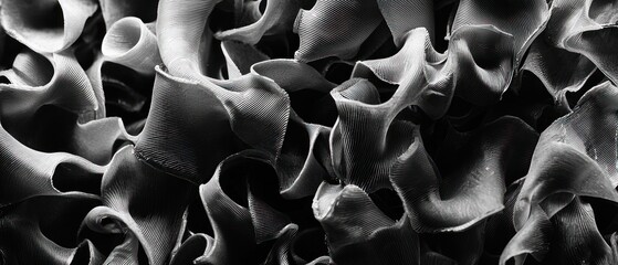Abstract grayscale image showcasing a dense cluster of intricately folded, organic shapes, resembling crumpled fabric or seaweed, creating a textured and shadowy visual effect