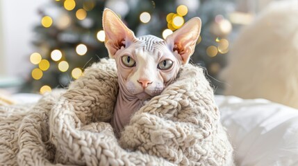 Cozy Sphynx Cat Wrapped in Warm Blanket in Festive Atmosphere
