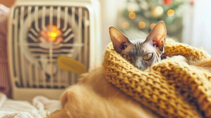 Cat Wrapped in Knit Blanket by Heater in Cozy Winter Setting