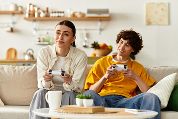 Joyful couple enjoying a gaming night together in their cozy living room