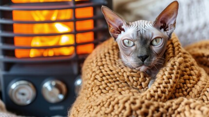 Cozy Sphynx Cat Wrapped in Warm Blanket by Heater in Home Environment