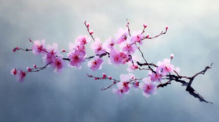 Delicate Cherry Blossom Branch with Soft Pink Flowers on Grey Background