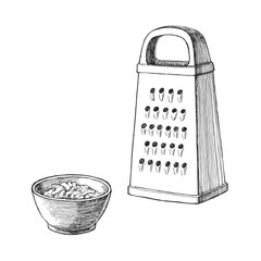 Vector hand-drawn illustration of a grater and grated vegetable. Black and white sketch of kitchen equipment.