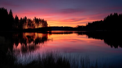 Tranquil Sunset Reflection Over Calm Lake Surrounded by Forest
