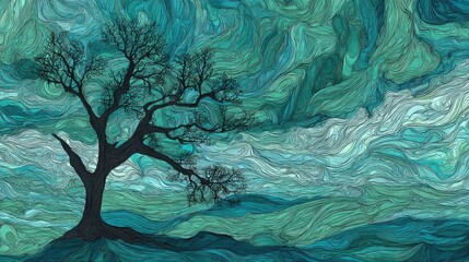 Abstract Art of Lonely Tree Silhouette Against Colorful Background