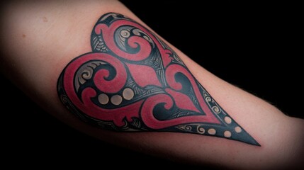 Intricate Red and Black Heart Tattoo Design on Forearm Skin