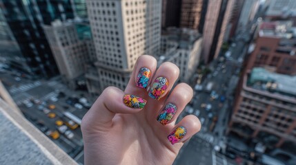 Colorful Nail Art Design Overlooking Cityscape from High Angle