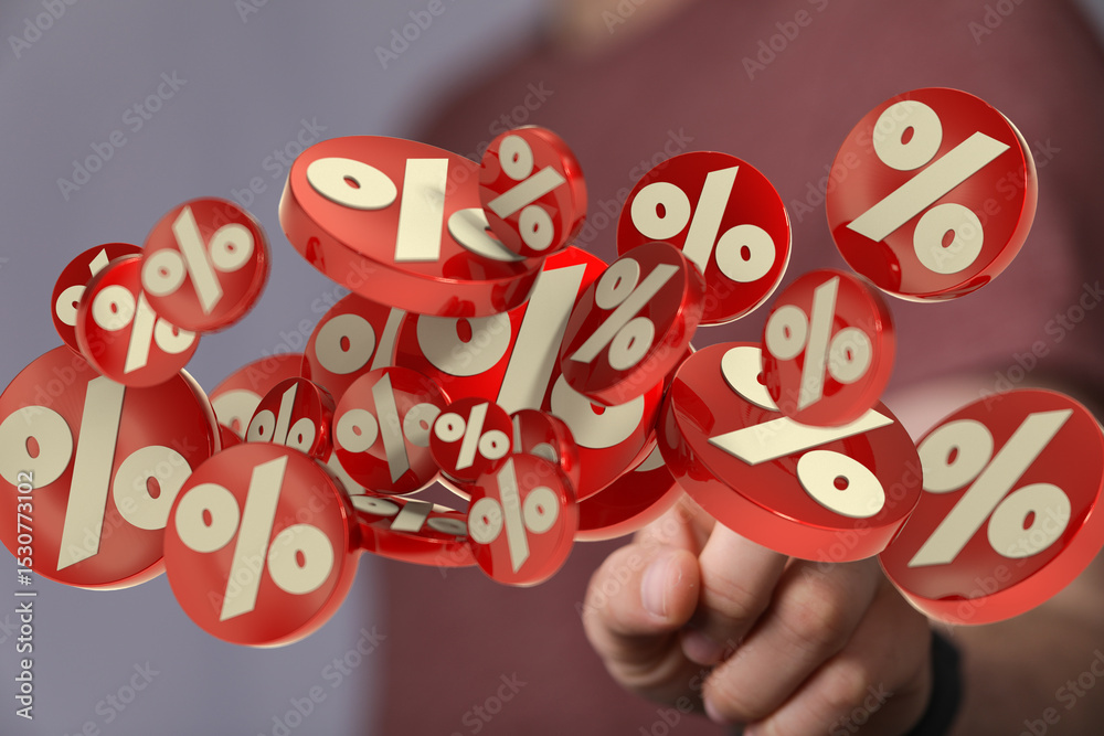 Poster 3d render of red percentage symbols floating, ideal for discount and sale concepts.