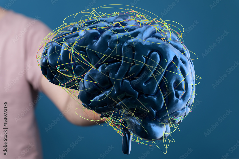 Aufkleber 3D rendering of a human brain with highlighted neural pathways. Ideal for neuroscience, AI, and technology concepts.