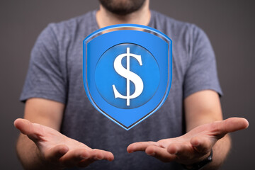 Image of a person holding a digital shield with a dollar sign, symbolizing financial security and...