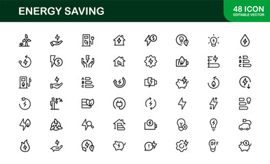 Energy Saving Icon Set Featuring Modern, Minimalist Designs Perfect for Sustainable Projects, Eco Apps, Renewable Energy Interfaces, and Green Technology Use