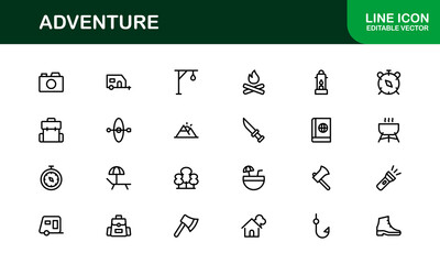 Explore the world with this dynamic Adventure icon set, featuring clean, versatile designs perfect for travel, exploration, and outdoor projects on stock platforms.