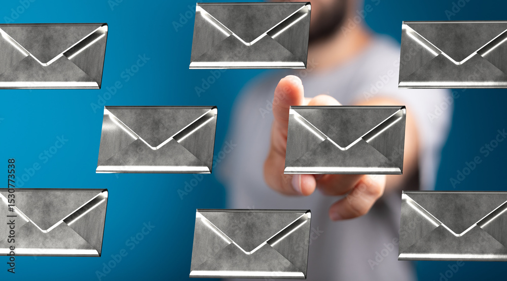Poster person interacting with floating email icons,concept of digital communication, inbox management, or 