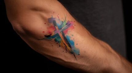 Colorful Watercolor Cross Tattoo on Male Arm with Artistic Design