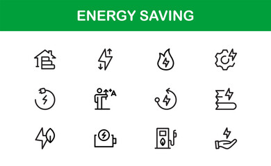 Energy Saving Icon Set Featuring Modern, Minimalist Designs Perfect for Sustainable Projects, Eco Apps, Renewable Energy Interfaces, and Green Technology Use
