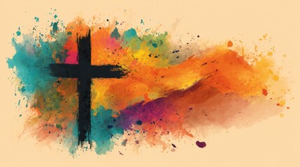 Colorful Abstract Background with Black Cross Religious Symbol